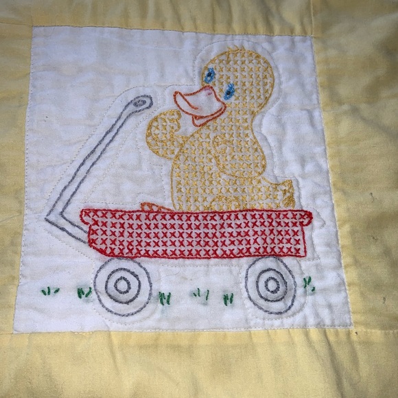 Vintage baby quilt with cross-stitch ducks in many activities. - Picture 6 of 9